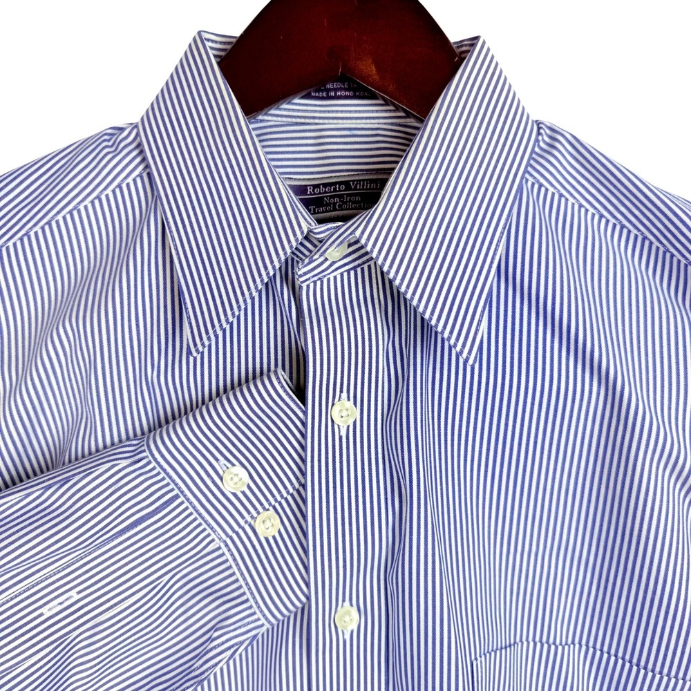 Roberto Villini Mens Blue‎ White Stripe Non Iron Travel Collection Dress Shirt